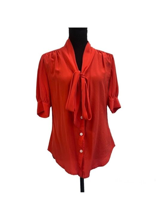 Fifteen Twenty Tops - Fifteen Twenty blood orange red tie neck 100% silk blouse Sz L